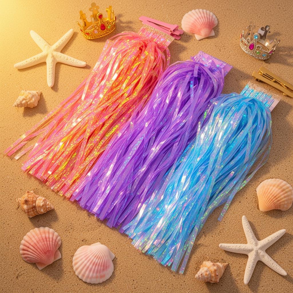 Hair tinsel colors — gold, rose gold, silver, and holographic strands for kids' birthday parties